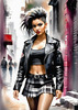 Printable art of a rebellious punk girl with a plaid skirt and leather jacket in an urban alley with decay and posters