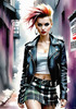 Printable art of a rebellious punk girl with a plaid skirt and leather jacket in an urban alley with decay and posters