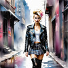 Printable art of a rebellious punk girl with a plaid skirt and leather jacket in an urban alley with decay and posters