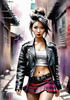 Printable art of a rebellious punk girl with a plaid skirt and leather jacket in an urban alley with decay and posters