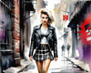 Printable art of a rebellious punk girl with a plaid skirt and leather jacket in an urban alley with decay and posters