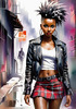 Printable art of a rebellious punk girl with a plaid skirt and leather jacket in an urban alley with decay and posters