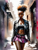 Printable art of a rebellious punk girl with a plaid skirt and leather jacket in an urban alley with decay and posters