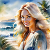 Printable Art of a Relaxed Surfer Girl with Beach and Waves Panorama