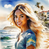 Printable Art of a Relaxed Surfer Girl with Beach and Waves Panorama