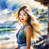 Printable Art of a Relaxed Surfer Girl with Beach and Waves Panorama