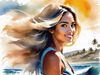 Printable Art of a Relaxed Surfer Girl with Beach and Waves Panorama