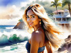 Printable Art of a Relaxed Surfer Girl with Beach and Waves Panorama