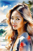 Printable Art of a Relaxed Surfer Girl with Beach and Waves Panorama
