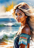 Printable Art of a Relaxed Surfer Girl with Beach and Waves Panorama