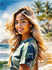 Printable Art of a Relaxed Surfer Girl with Beach and Waves Panorama