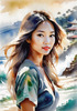 Printable Art of a Relaxed Surfer Girl with Beach and Waves Panorama
