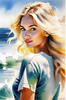 Printable Art of a Relaxed Surfer Girl with Beach and Waves Panorama