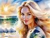 Printable Art of a Relaxed Surfer Girl with Beach and Waves Panorama
