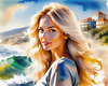 Printable Art of a Relaxed Surfer Girl with Beach and Waves Panorama