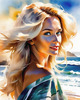 Printable Art of a Relaxed Surfer Girl with Beach and Waves Panorama
