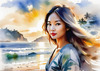 Printable Art of a Relaxed Surfer Girl with Beach and Waves Panorama