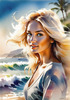 Printable Art of a Relaxed Surfer Girl with Beach and Waves Panorama