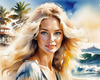 Printable Art of a Relaxed Surfer Girl with Beach and Waves Panorama