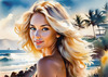 Printable Art of a Relaxed Surfer Girl with Beach and Waves Panorama