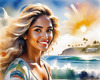 Printable Art of a Relaxed Surfer Girl with Beach and Waves Panorama