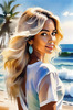 Printable Art of a Relaxed Surfer Girl with Beach and Waves Panorama