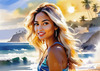 Printable Art of a Relaxed Surfer Girl with Beach and Waves Panorama