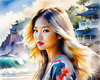 Printable Art of a Relaxed Surfer Girl with Beach and Waves Panorama