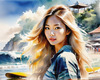 Printable Art of a Relaxed Surfer Girl with Beach and Waves Panorama