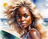 Printable Art of a Relaxed Surfer Girl with Beach and Waves Panorama
