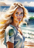 Printable Art of a Relaxed Surfer Girl with Beach and Waves Panorama
