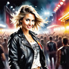 Printable Rocker Girl with Leather Jacket and Bandana at a Concert with Cheering Crowd