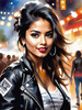 Printable Rocker Girl with Leather Jacket and Bandana at a Concert with Cheering Crowd