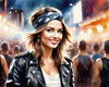 Printable Rocker Girl with Leather Jacket and Bandana at a Concert with Cheering Crowd