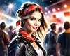 Printable Rocker Girl with Leather Jacket and Bandana at a Concert with Cheering Crowd