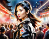 Printable Rocker Girl with Leather Jacket and Bandana at a Concert with Cheering Crowd