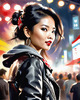 Printable Rocker Girl with Leather Jacket and Bandana at a Concert with Cheering Crowd