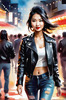 Printable Rocker Girl with Leather Jacket and Bandana at a Concert with Cheering Crowd