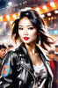Printable Rocker Girl with Leather Jacket and Bandana at a Concert with Cheering Crowd