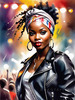 Printable Rocker Girl with Leather Jacket and Bandana at a Concert with Cheering Crowd