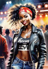 Printable Rocker Girl with Leather Jacket and Bandana at a Concert with Cheering Crowd
