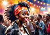 Printable Rocker Girl with Leather Jacket and Bandana at a Concert with Cheering Crowd
