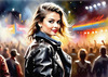 Printable Rocker Girl with Leather Jacket and Bandana at a Concert with Cheering Crowd