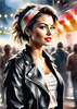 Printable Rocker Girl with Leather Jacket and Bandana at a Concert with Cheering Crowd