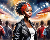 Printable Rocker Girl with Leather Jacket and Bandana at a Concert with Cheering Crowd