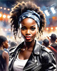 Printable Rocker Girl with Leather Jacket and Bandana at a Concert with Cheering Crowd