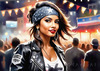 Printable Rocker Girl with Leather Jacket and Bandana at a Concert with Cheering Crowd