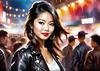 Printable Rocker Girl with Leather Jacket and Bandana at a Concert with Cheering Crowd