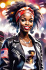 Printable Rocker Girl with Leather Jacket and Bandana at a Concert with Cheering Crowd