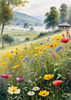 Vibrant Wildflower Meadows with Mist-Shrouded Mountain Range